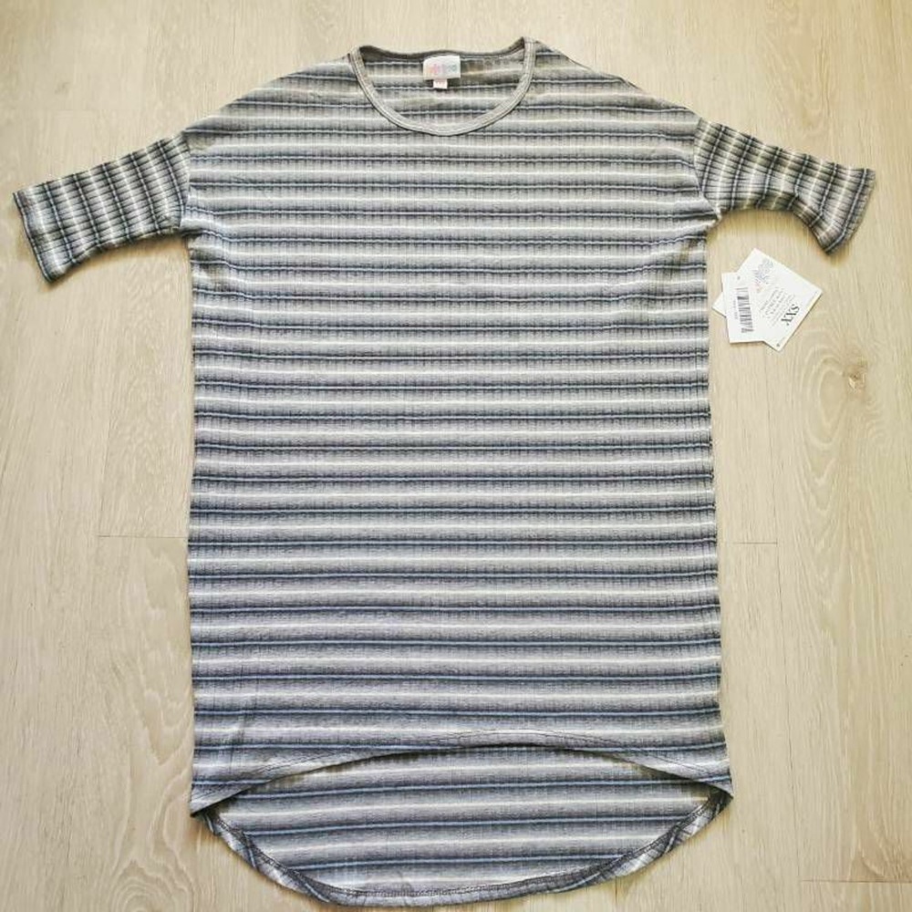 LuLaRoe Womens Imra Tunic Top Blue Stripe Hi Low Ribbed Crew Stretch XXS New